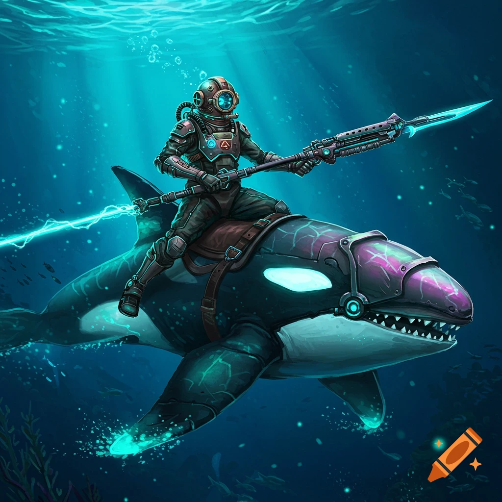 A high tech diver rides a large mechanical killer whale underwater, holding a glowing speargun.