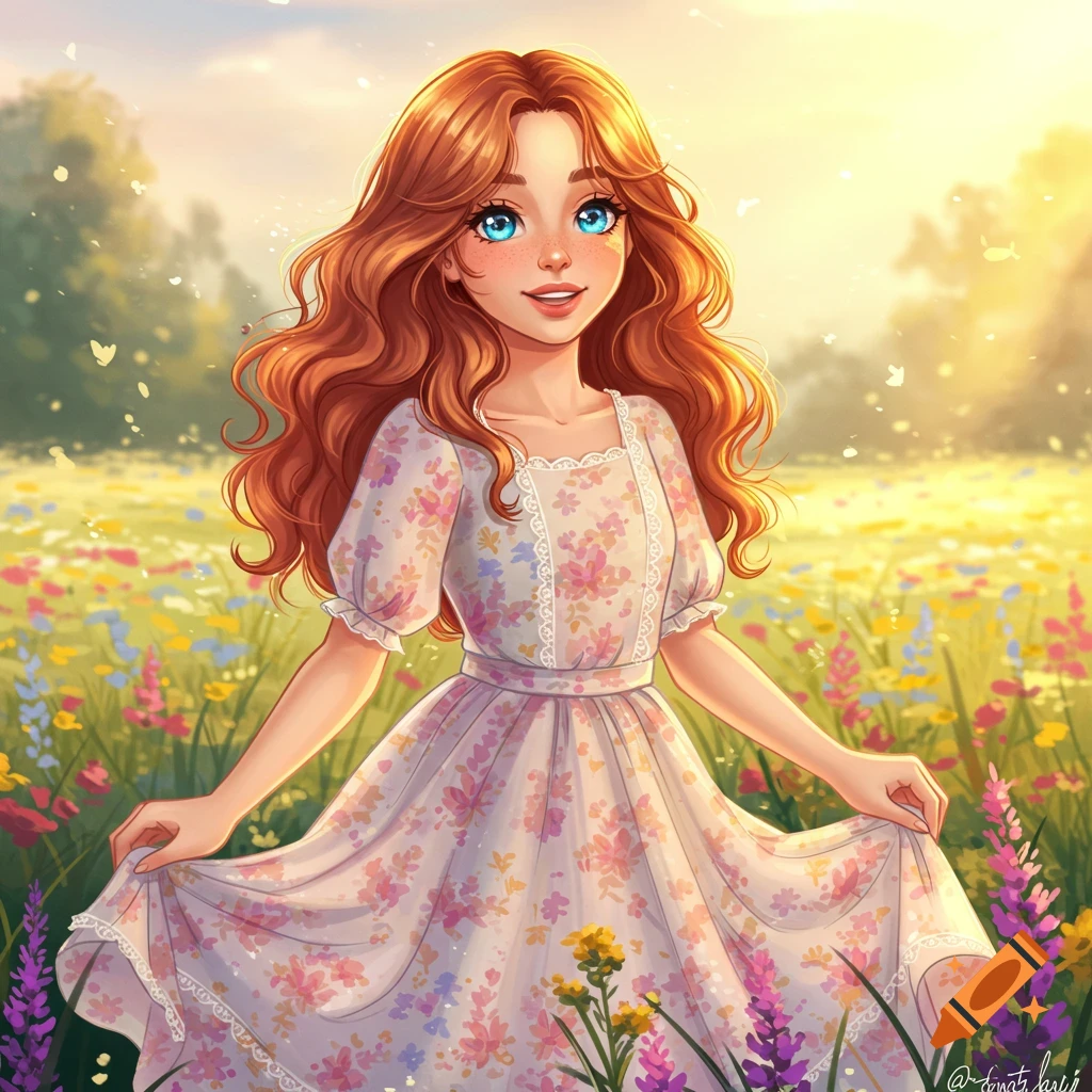 A girl with red hair in a floral dress stands in a field of flowers.