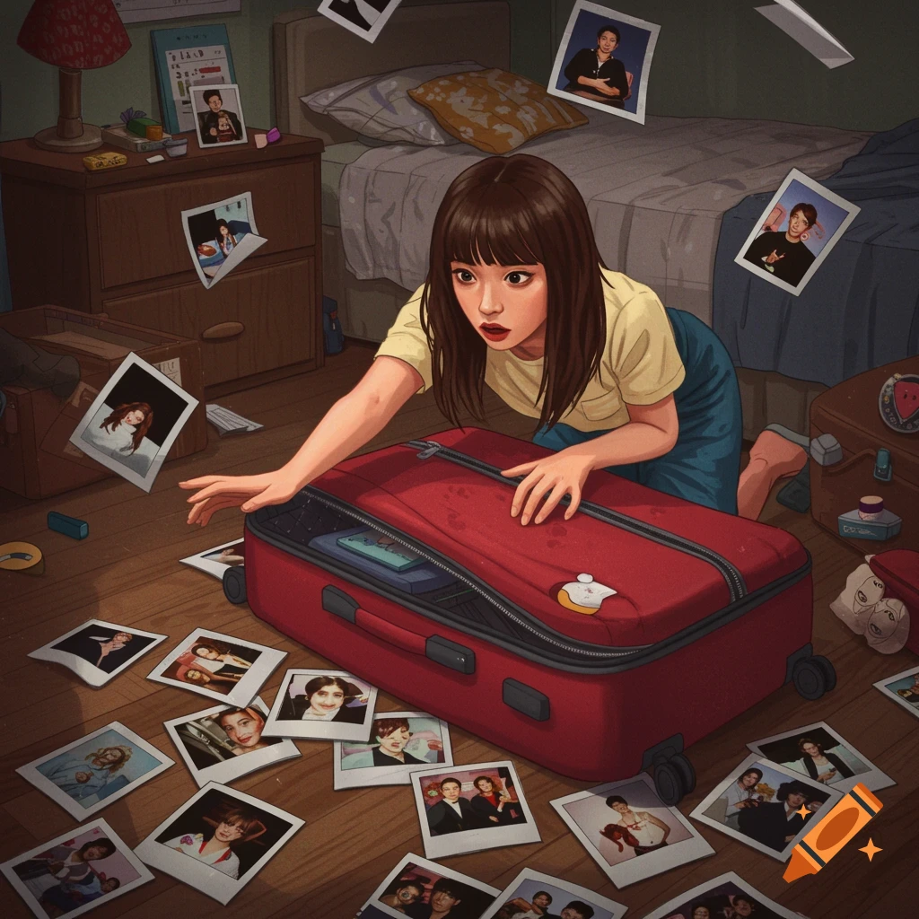 A girl reaching into a red suitcase on the floor surrounded by polaroid photos.