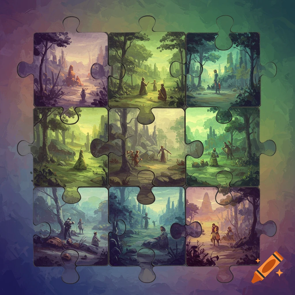 Nine piece puzzle showing various fantasy landscape scenes with small figures.