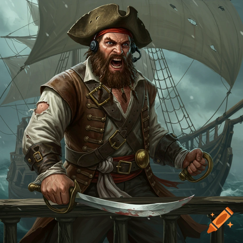 An angry pirate with a headset, holding a sword on the deck of a ship in a storm.