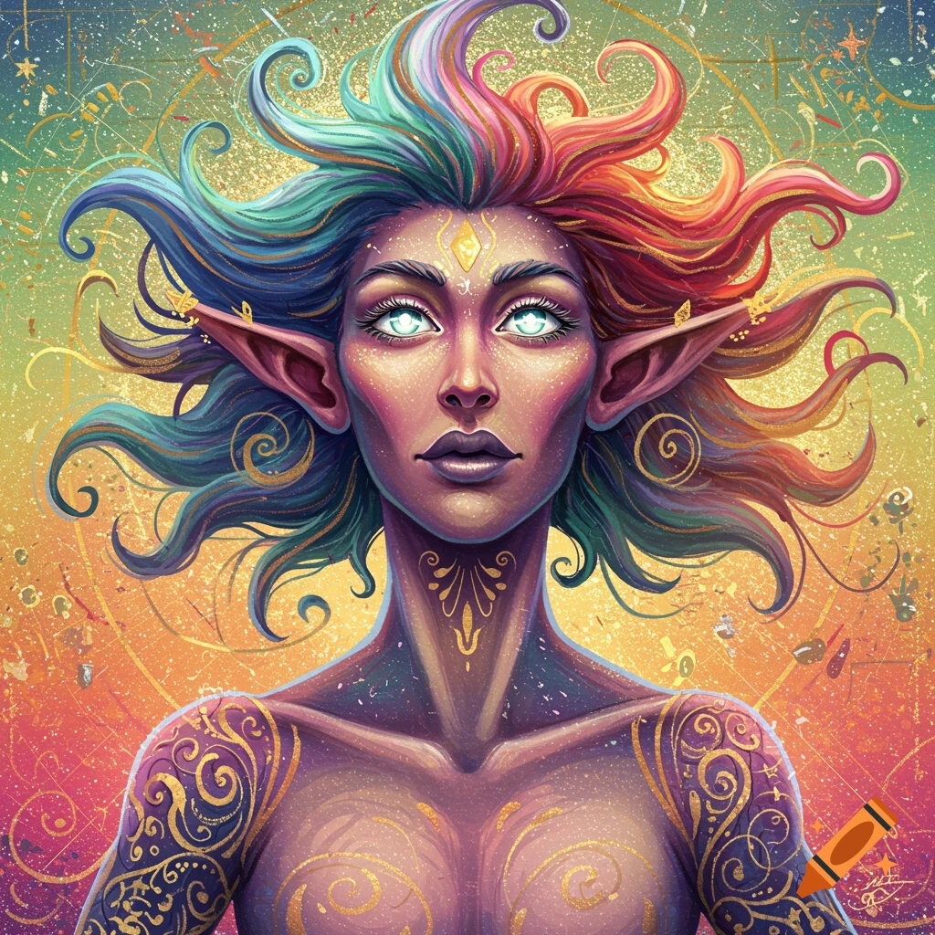 Vibrant fantasy portrait of a stylized figure with multi-colored hair, pointed ears, luminous eyes, and gold patterns.