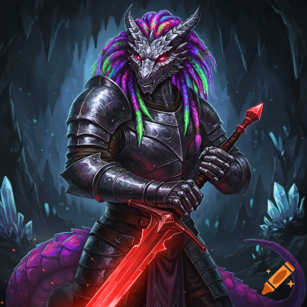 A metallic dragonborn in armor with rainbow dreadlocks, holding a red longsword in a crystal cave.