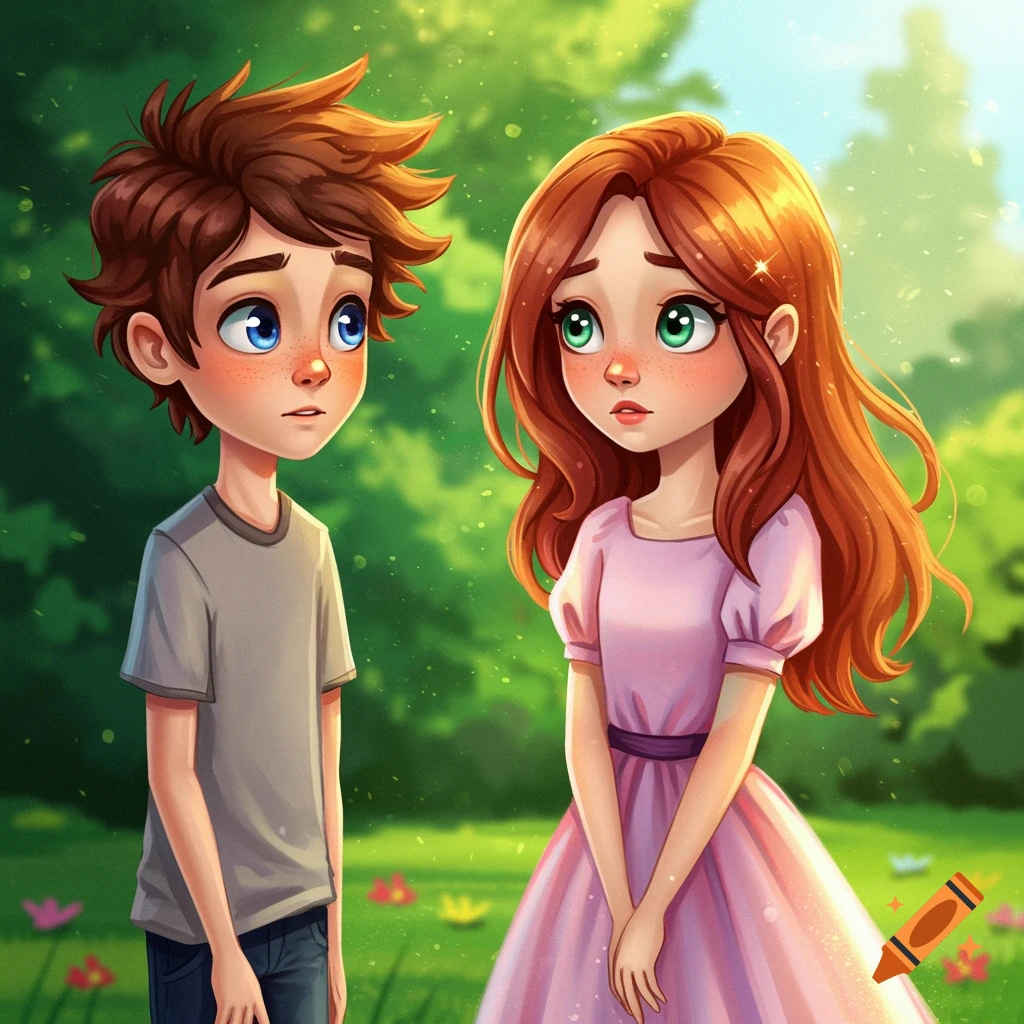 Whimsical scene of a boy gazing at a girl in a sunlit park.