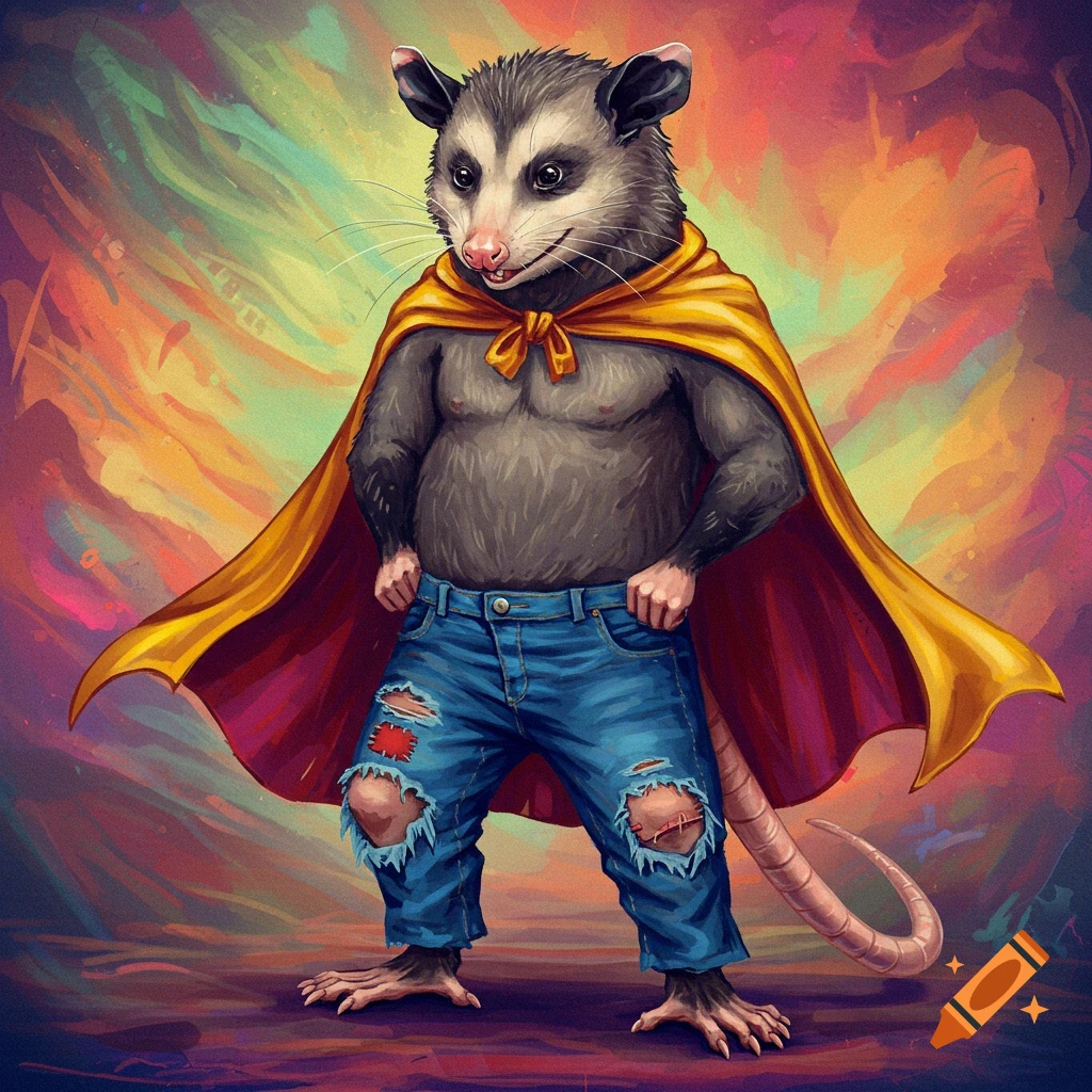 A possum superhero wearing ripped jeans and a gold cape.