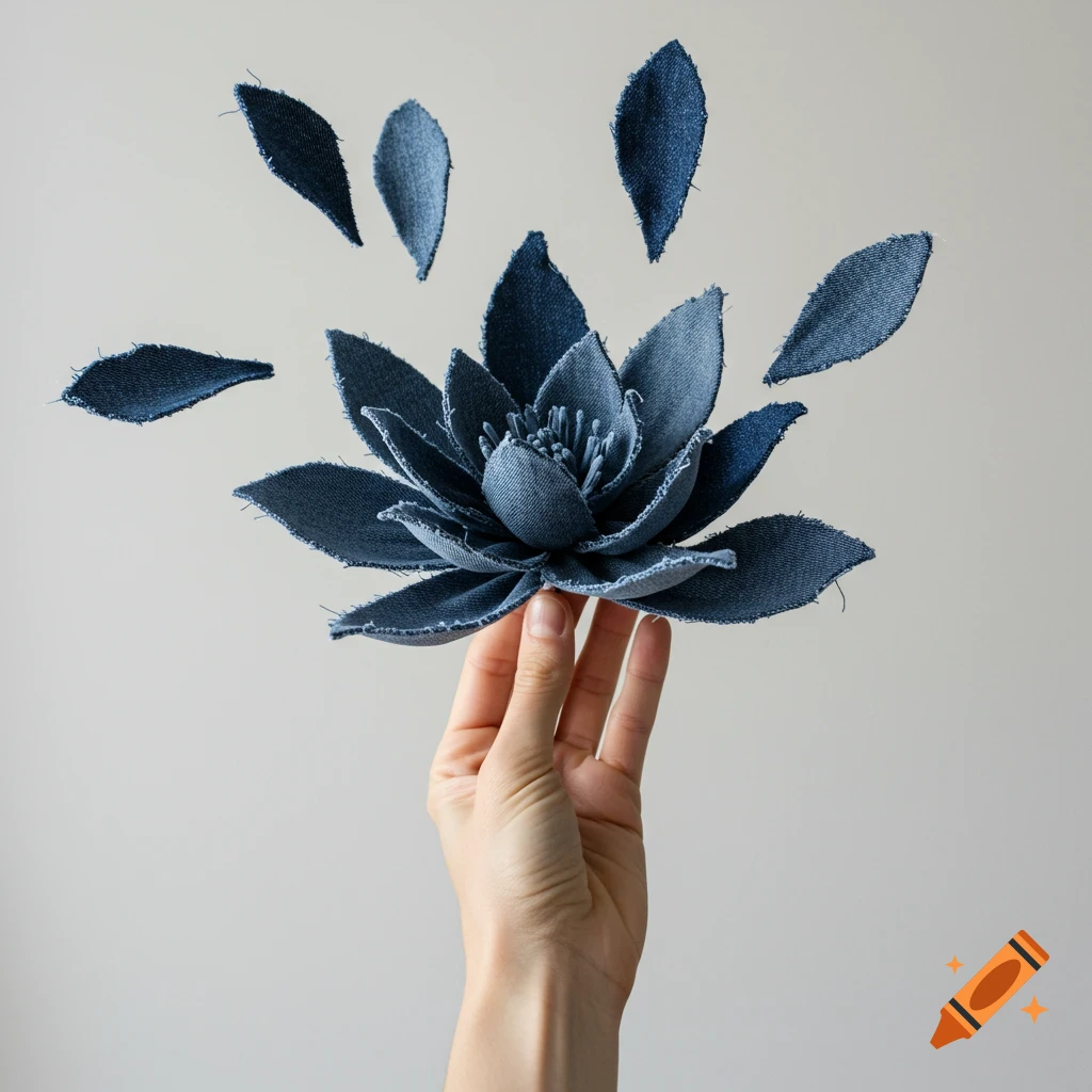 A hand holds a denim fabric flower with petals floating around it.