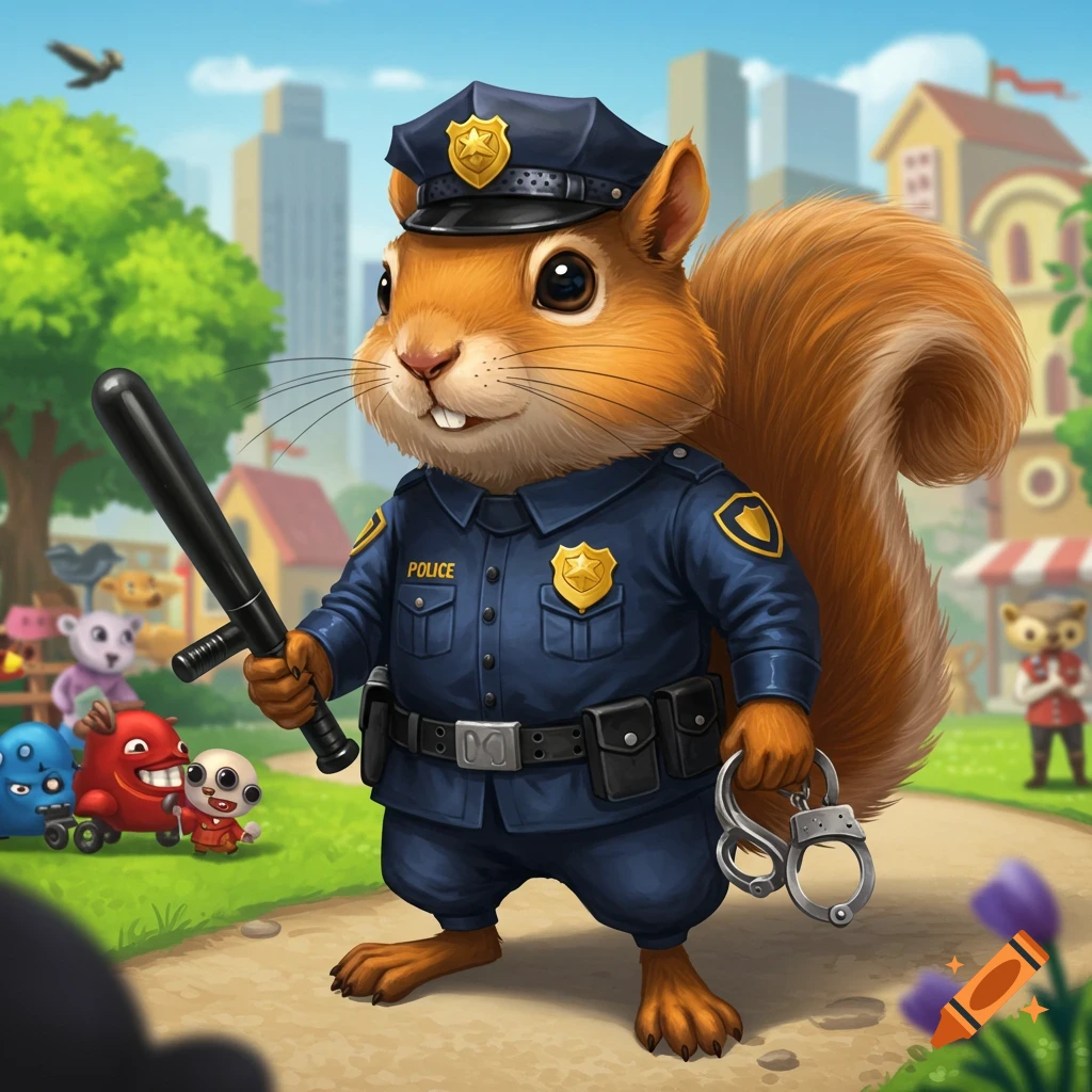 A cartoon squirrel in a police uniform holds a baton and handcuffs in a park setting.