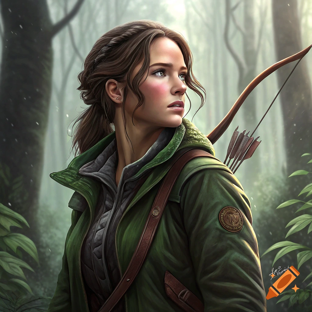 A young woman with a braid and bow looks up in a misty forest.