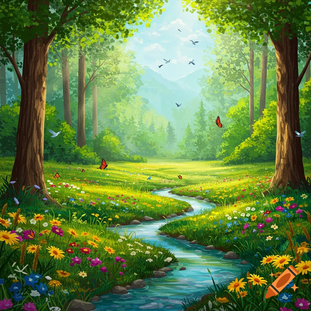 A river flowing through a colorful meadow in a forest clearing with butterflies and birds.