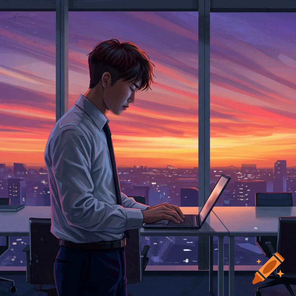 A person is working on a laptop in an office with a cityscape and sunset outside the window.