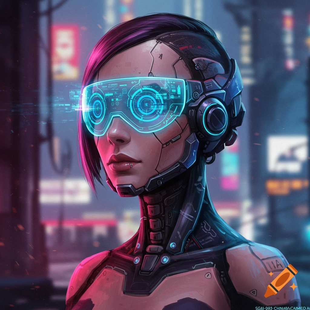 A person with cybernetic head implants and glowing goggles in a cyberpunk city