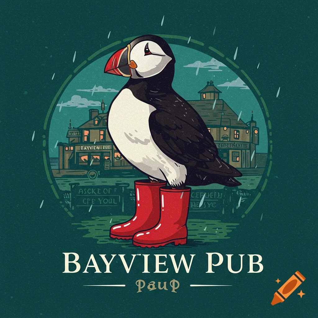 Illustration of a puffin wearing red rain boots standing in front of a pub under rain, presented as a logo.