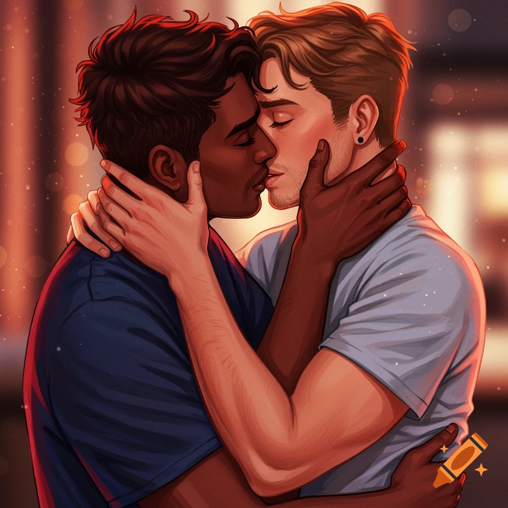 Two men embracing and kissing with a warm, glowing background.
