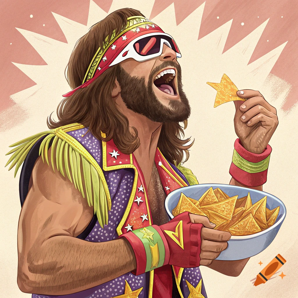 Cartoon illustration of wrestler Macho Man Randy Savage in costume eating nachos and laughing.