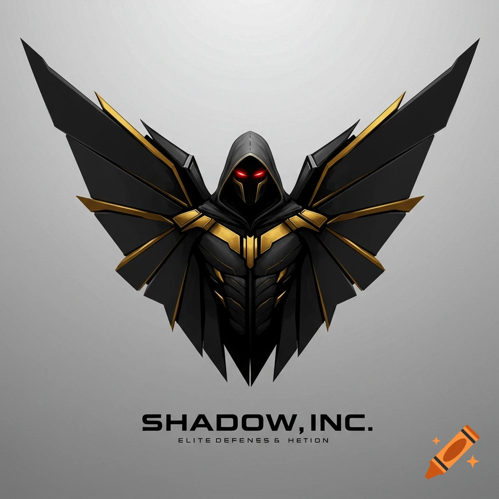 Logo of a black and gold hooded figure with red eyes and spread wings, text 'SHADOW, INC.' below.