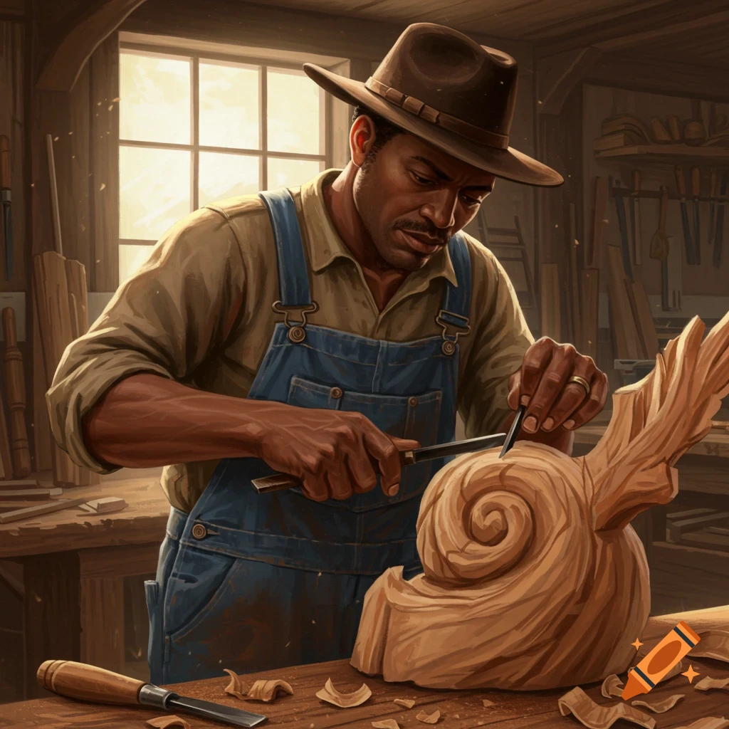 A man carves wood in a sunlit workshop.