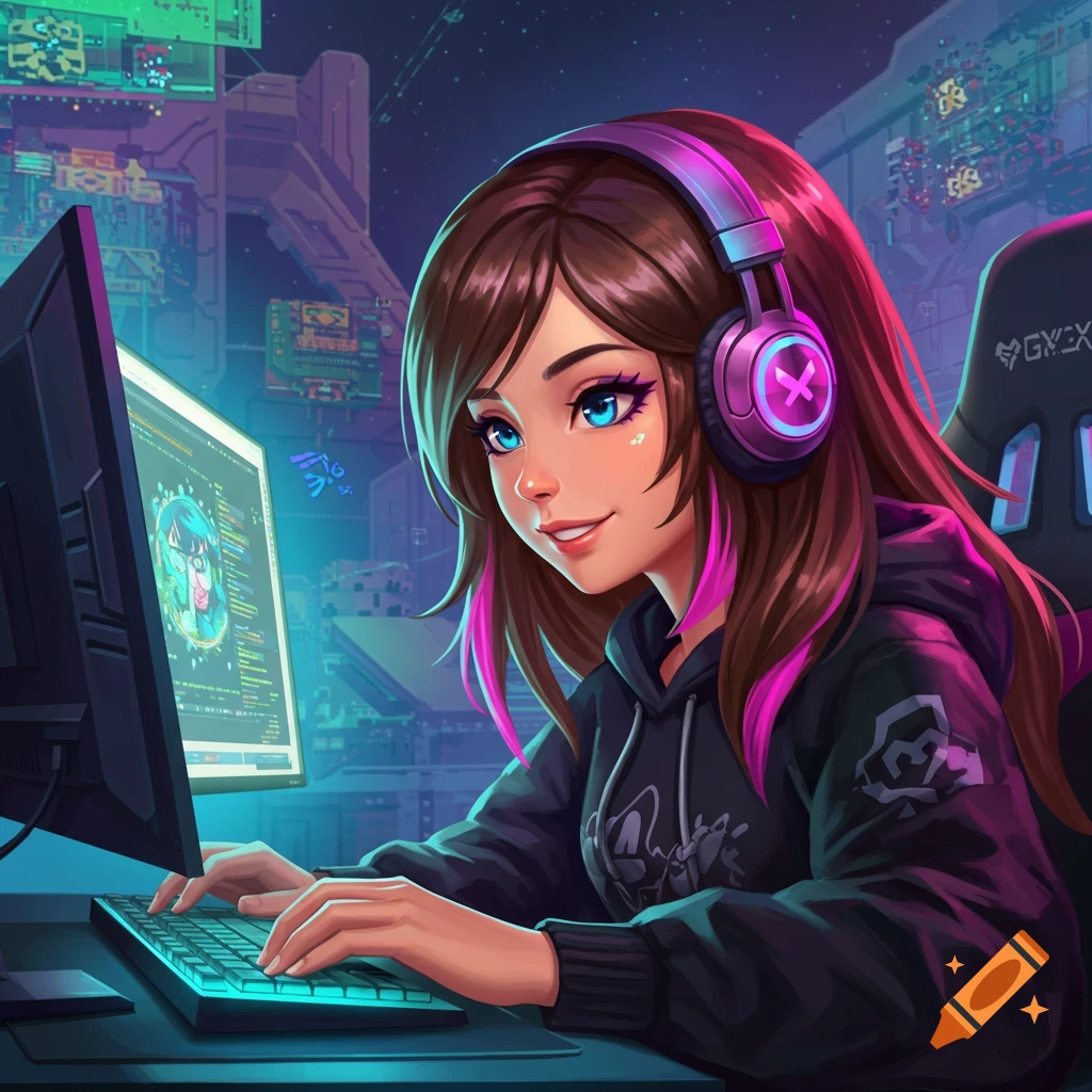 A stylized image of a gamer girl with headphones sitting at a computer in a futuristic room.