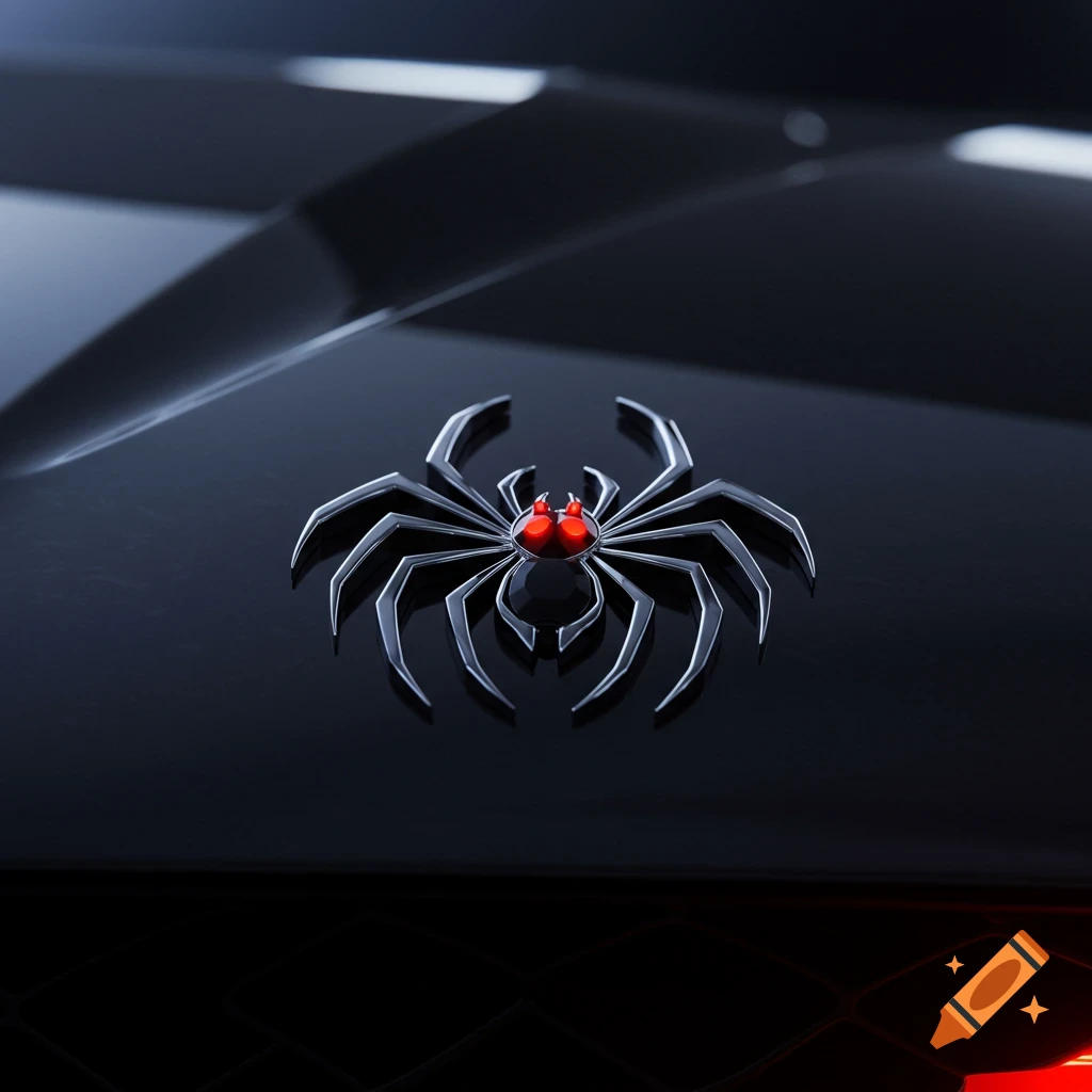 Chrome spider logo with red eyes on a black car surface.