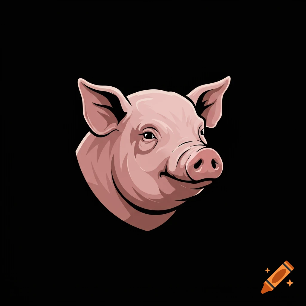 Stylized illustration of a pig head on a black background, like a logo.