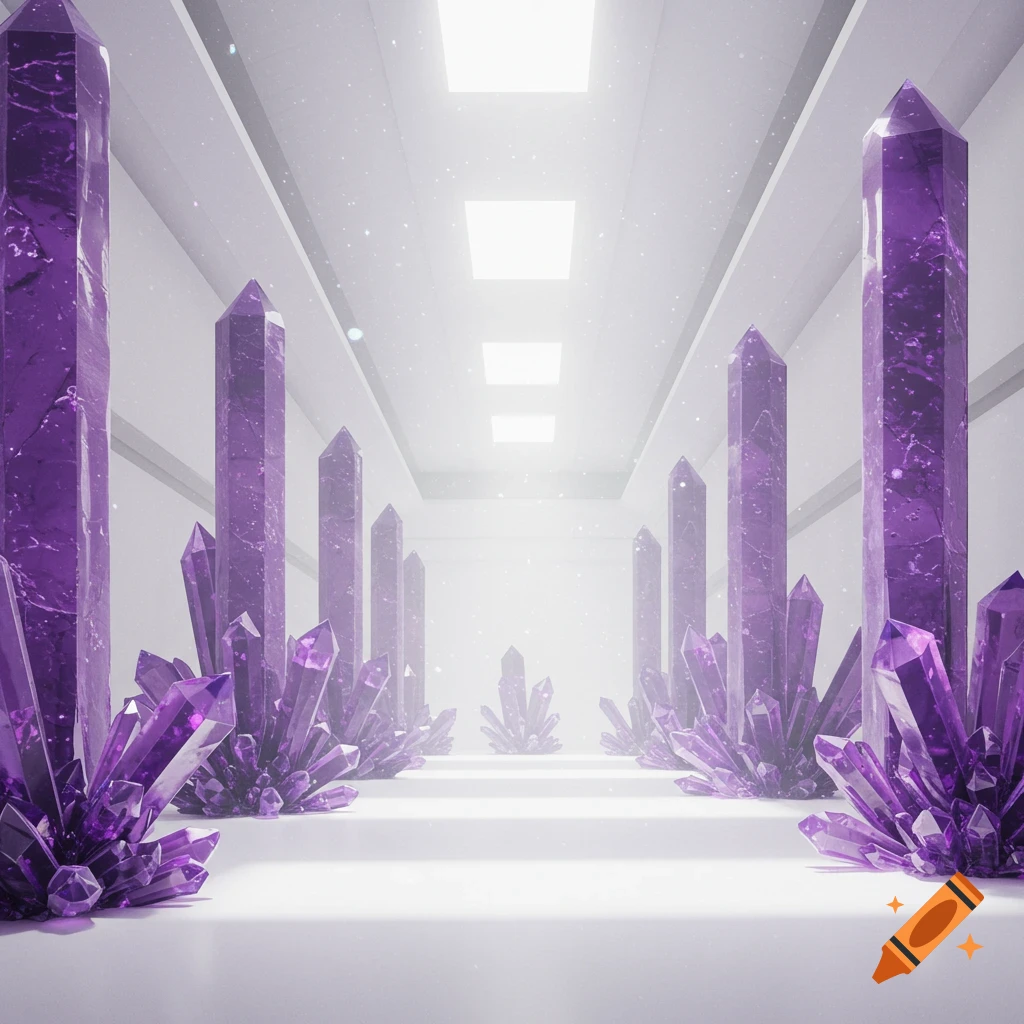A long white room filled with large purple crystal pillars and smaller crystals along the walls.