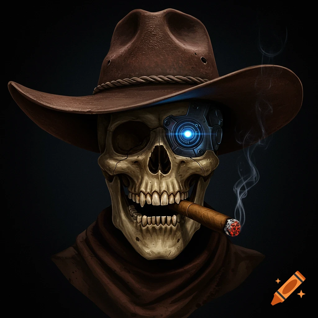 A skull in a cowboy hat with a glowing cyborg eye, smoking a cigar.