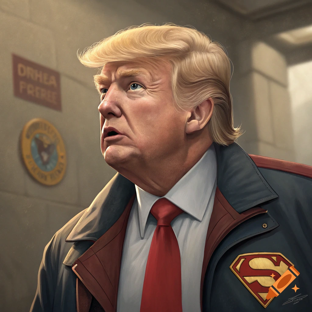 Illustration of Donald Trump wearing a jacket with the Superman logo.