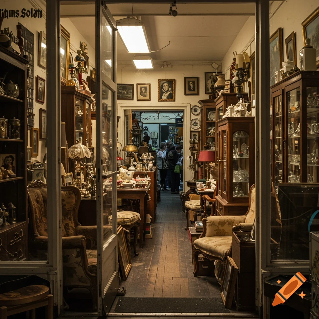 View through an open doorway into a crowded antique store filled with furniture, paintings, and assorted objects.