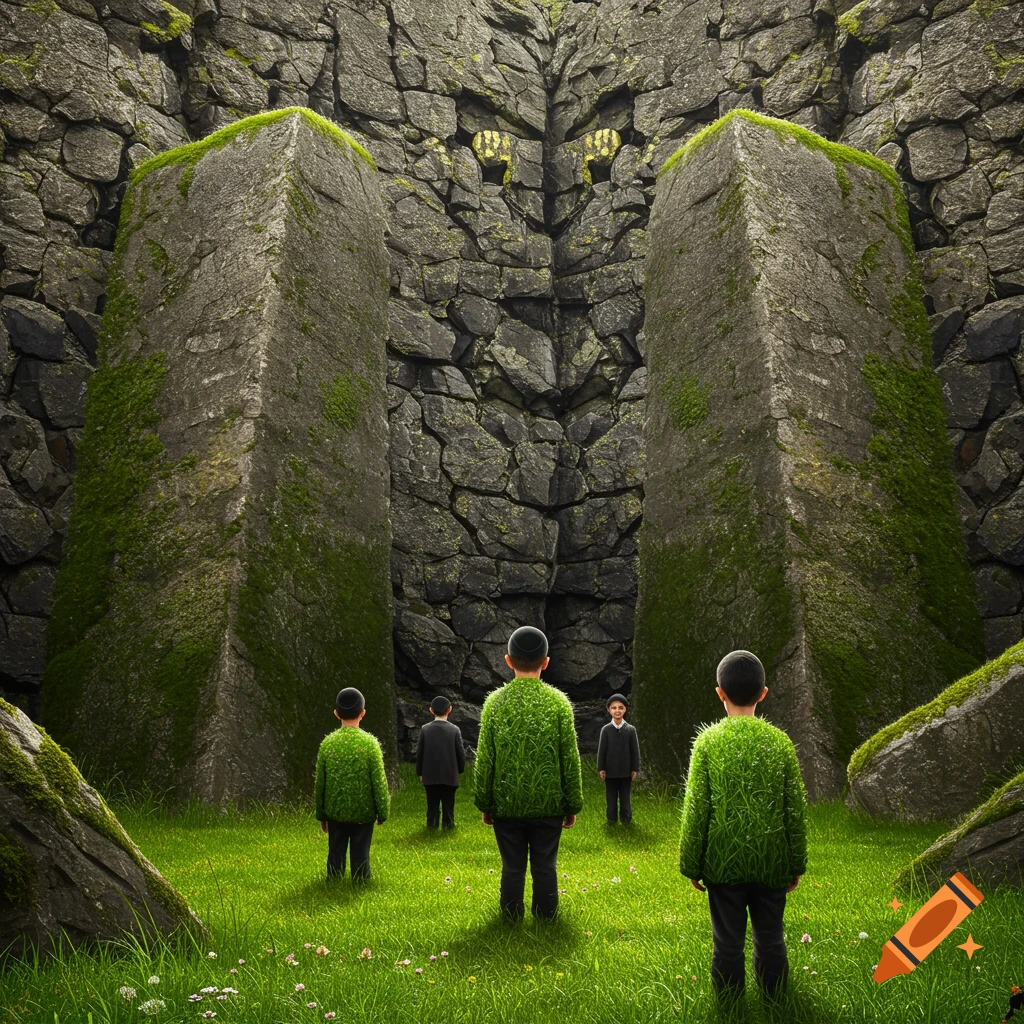Young boys stand on a grassy field before giant rock structures forming a face. Some boys are covered in grass.