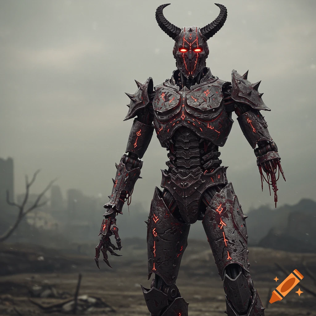 A demonic robot with glowing red eyes and horns stands in a ruined landscape. It has spiked armor with glowing runes and a destroyed arm.
