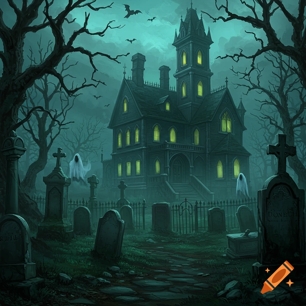 A spooky haunted mansion overlooks a cemetery at night with ghosts and bats.