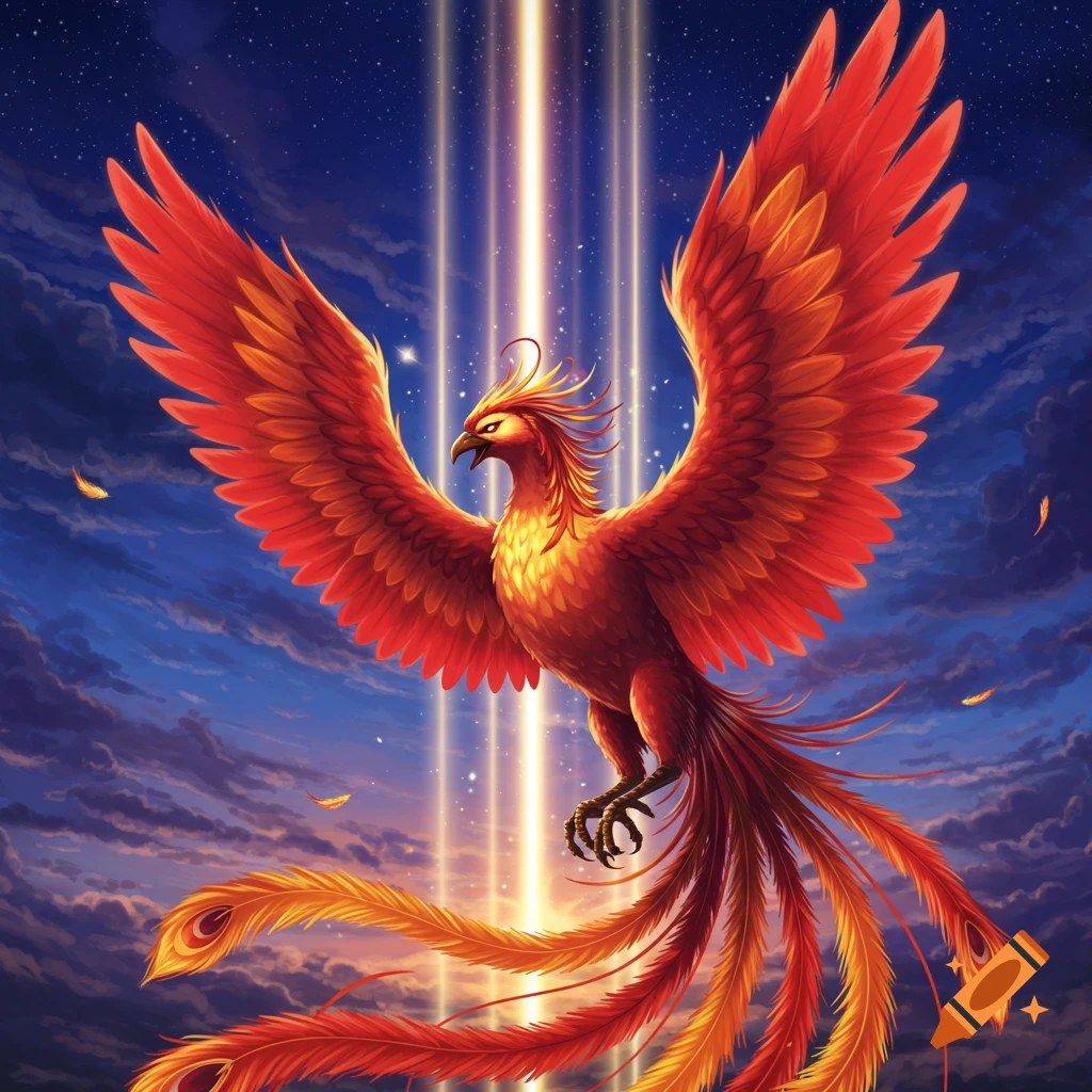 An anime-style image of a fiery phoenix flying in a twilight sky with bright light beams.