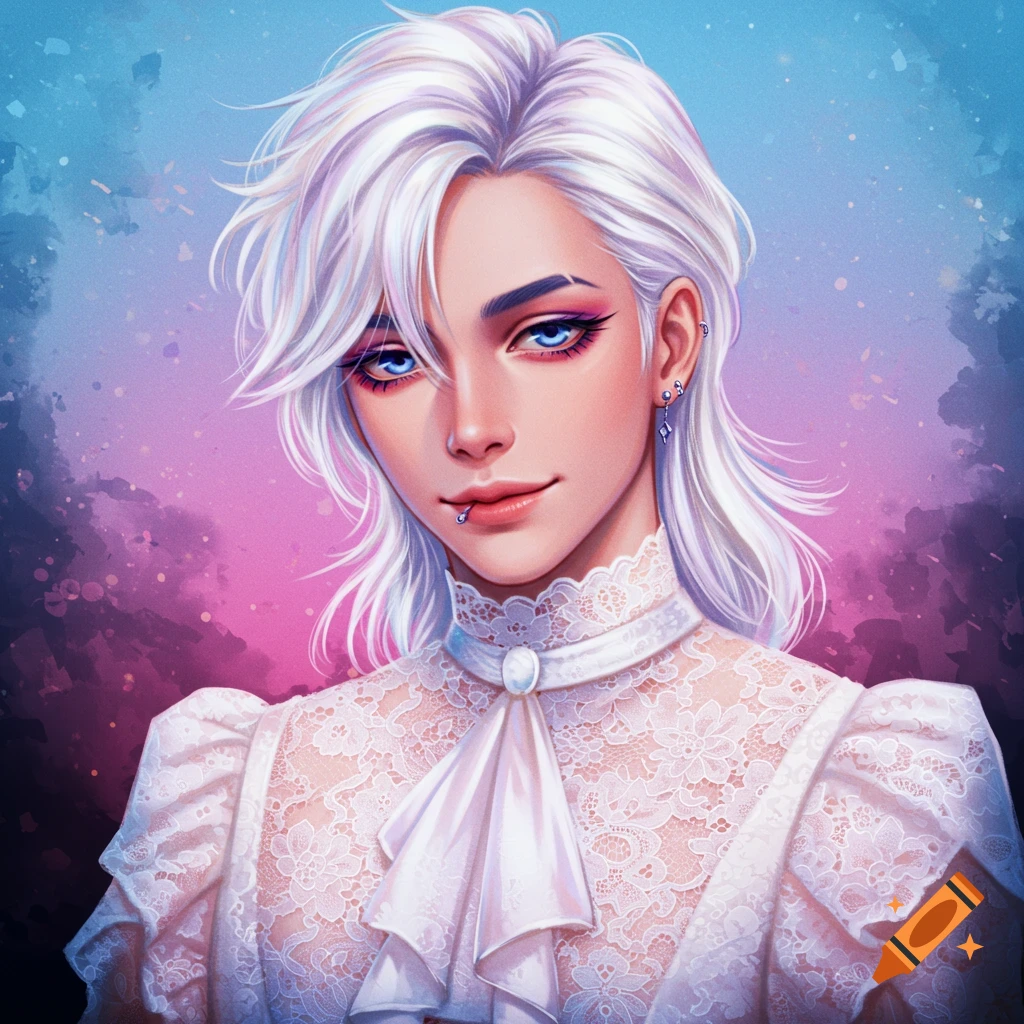 Anime style portrait of a person with white hair and blue eyes wearing a lace garment with a ruffled tie, digital art.