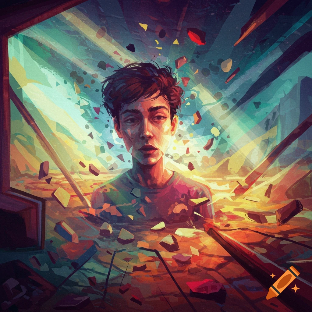 A person's face is depicted in a fragmented, abstract environment.