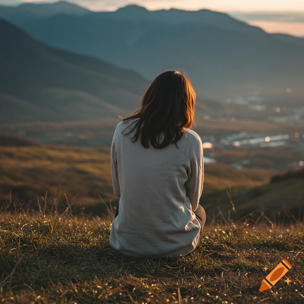 A person sits on a grassy hill looking at a valley and mountains at sunset.