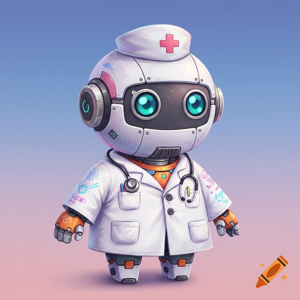 A cute robot in a doctor coat and stethoscope against a gradient background.