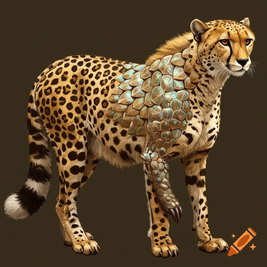 A cheetah with pangolin scales on its body