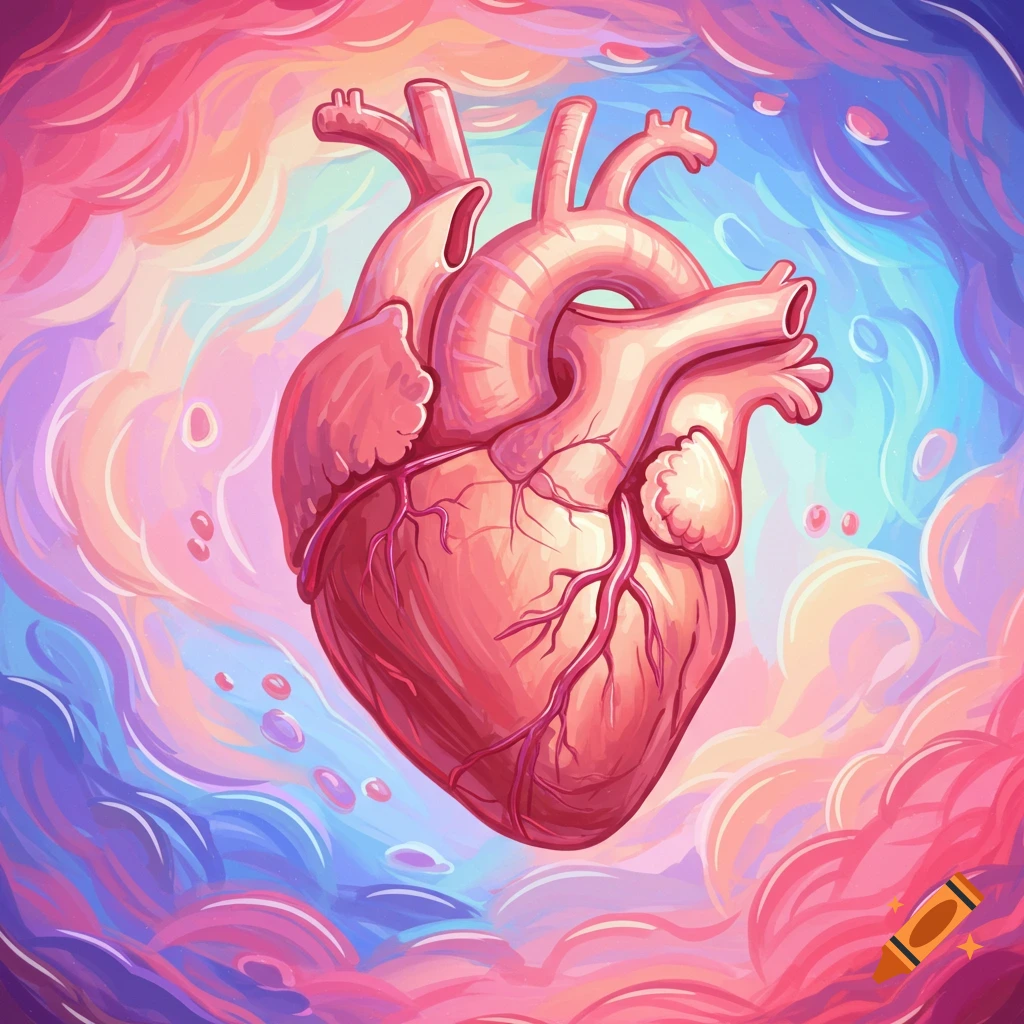 A human heart surrounded by swirling pink, blue, and purple clouds.