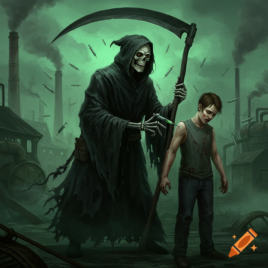 Grim Reaper injects a young man with a syringe near factories with floating needles.