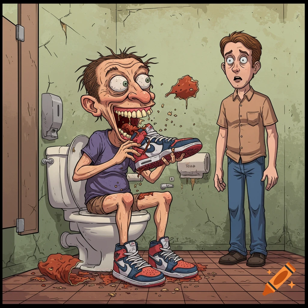 A grotesque cartoon man sits on a toilet eating a sneaker, while another man looks on in shock in a messy public bathroom.