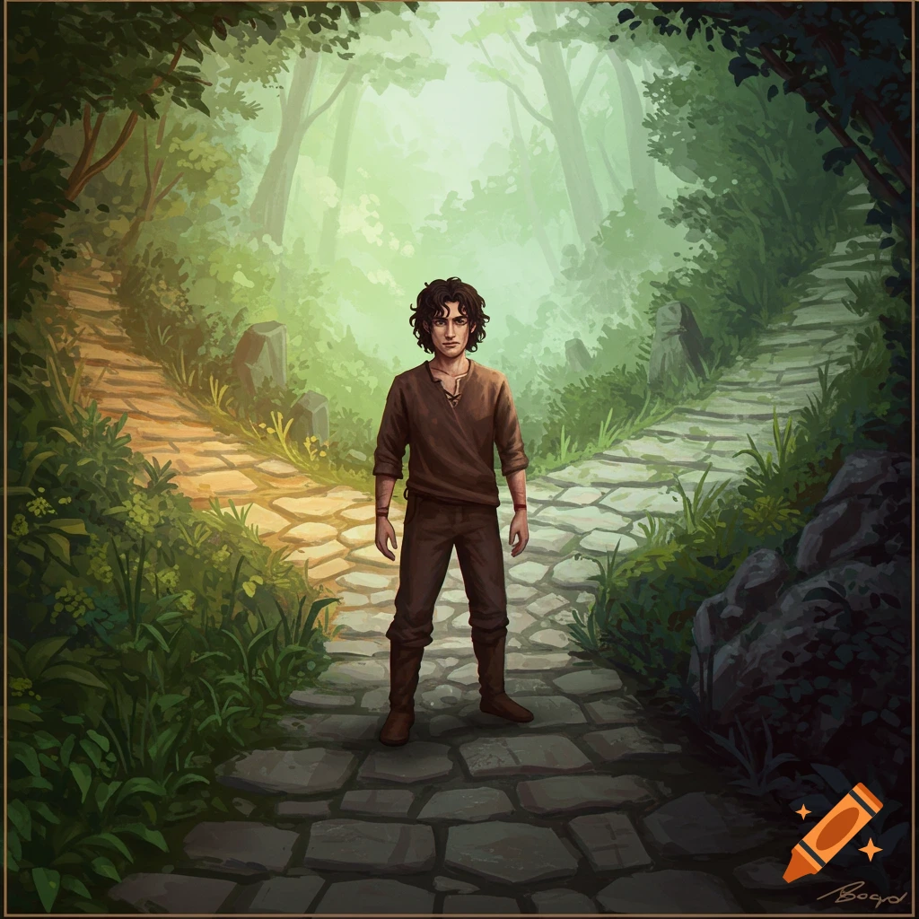 A young man stands at a fork in a stone path in a mystical forest.