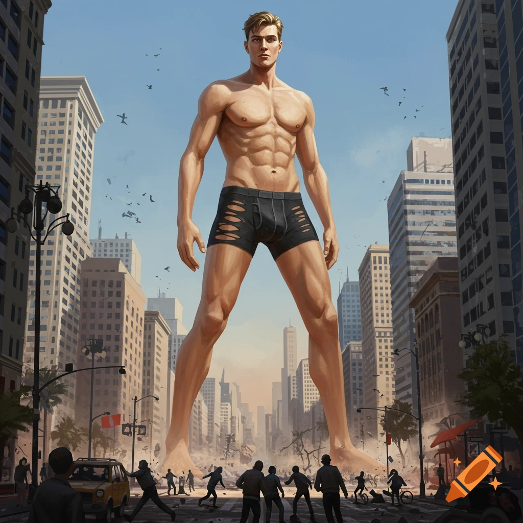 A giant muscular man in ripped shorts stands in a city street as tiny people run below.