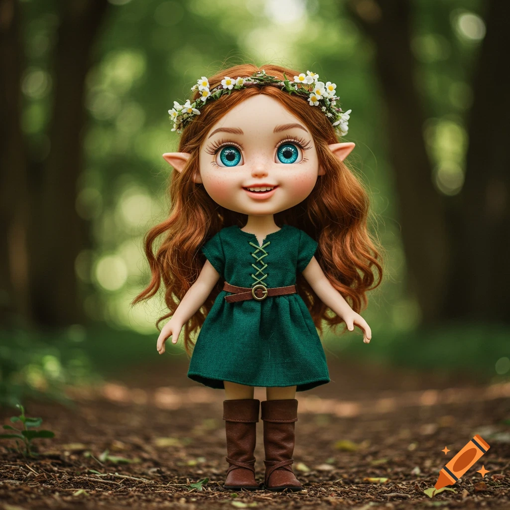 Cute elf doll with red hair and flower crown stands on a forest path, photorealistic style.