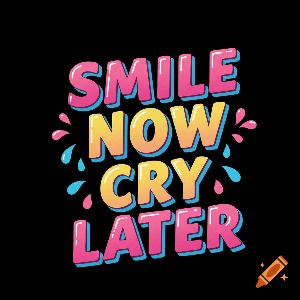 Colorful graphic text on a black background reading 'SMILE NOW CRY LATER'.