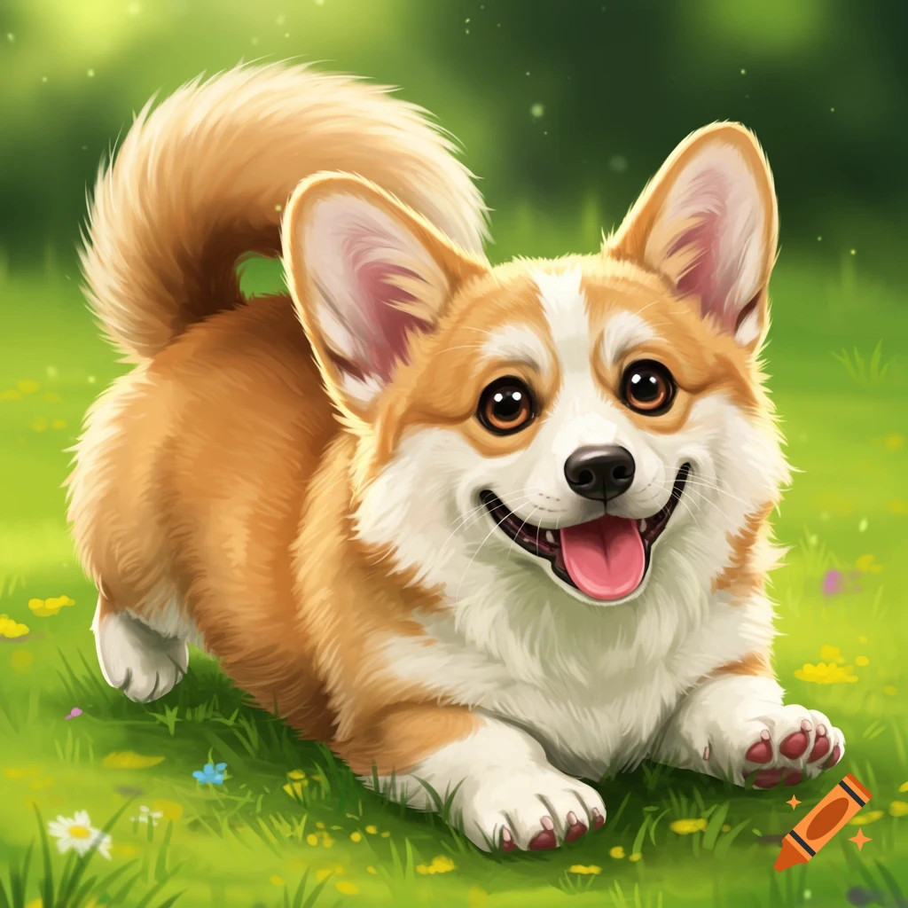Cute corgi puppy playing in grass