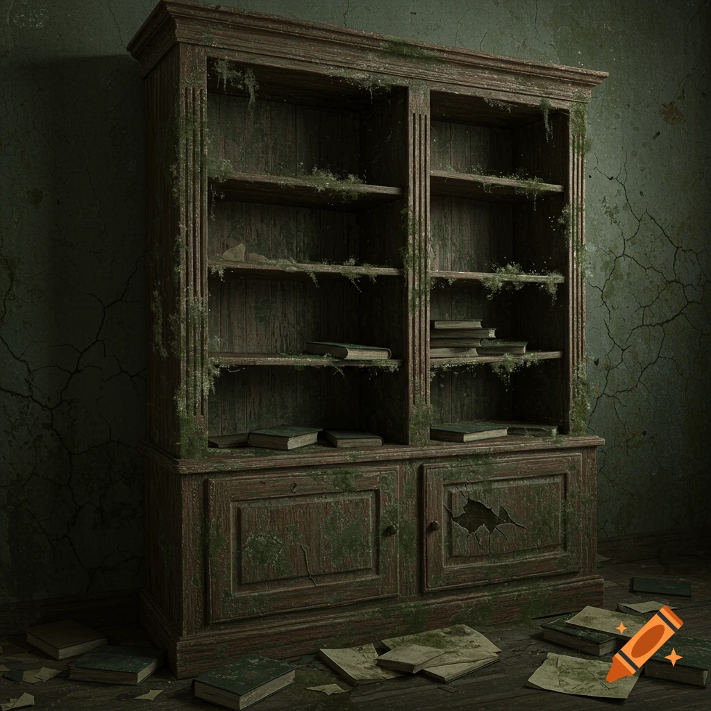 An old, decaying bookcase covered in mold with books on the shelves and floor
