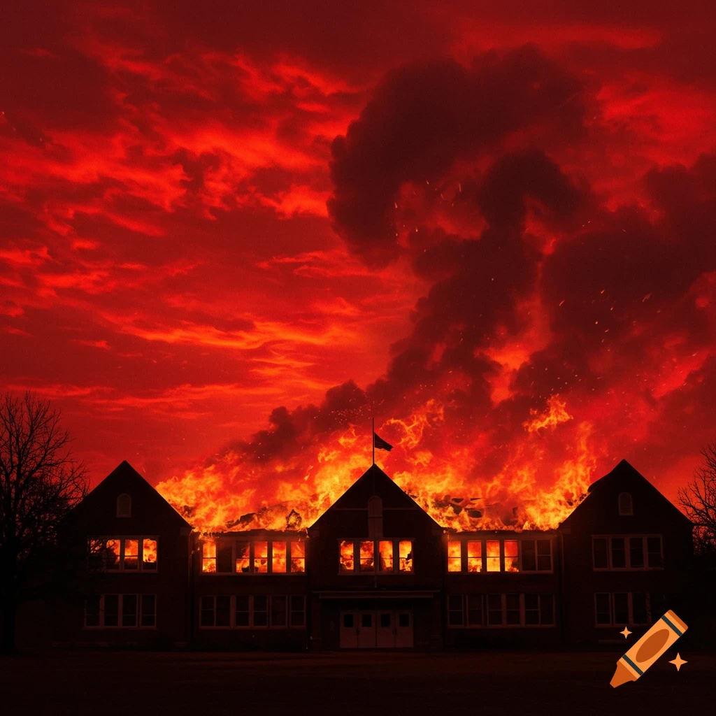A school building engulfed in flames under a fiery red sky with dark clouds.
