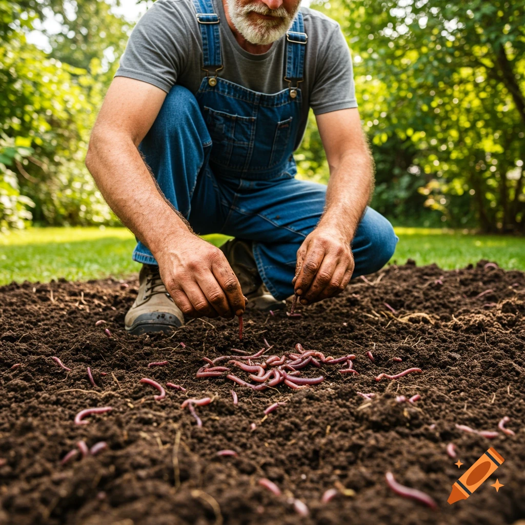A person in overalls kneels in dirt, gathering earthworms.