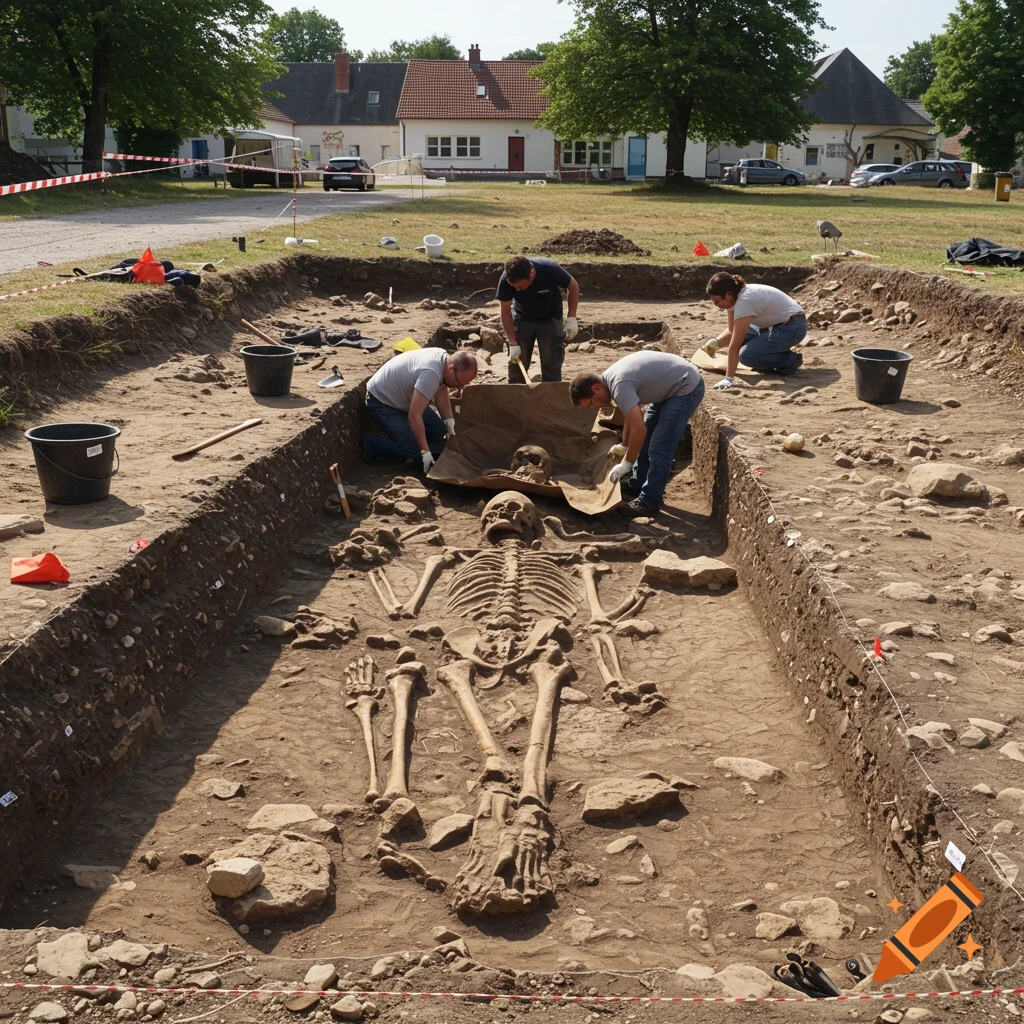 Archaeologists excavating a large skeleton from a trench.