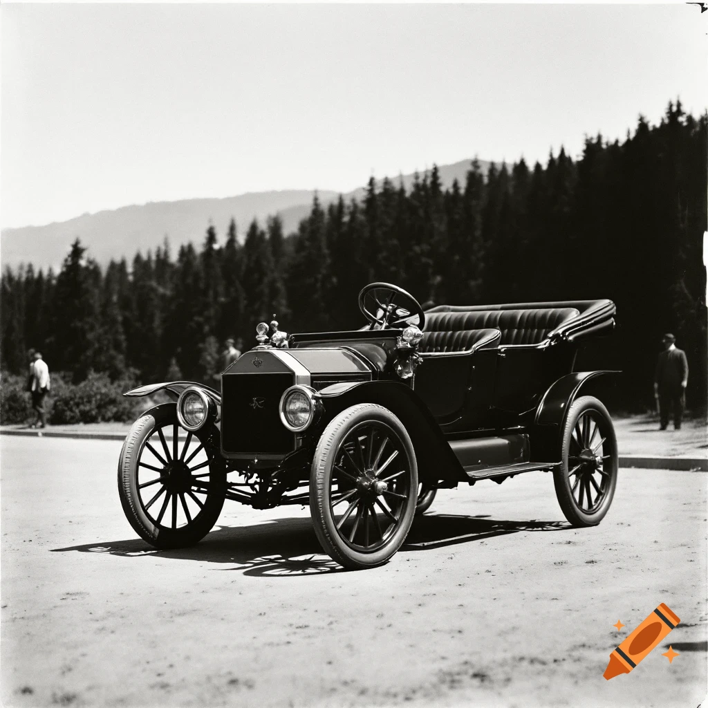 A black and white photo of a vintage open-top car parked outdoors with two figures in the background.