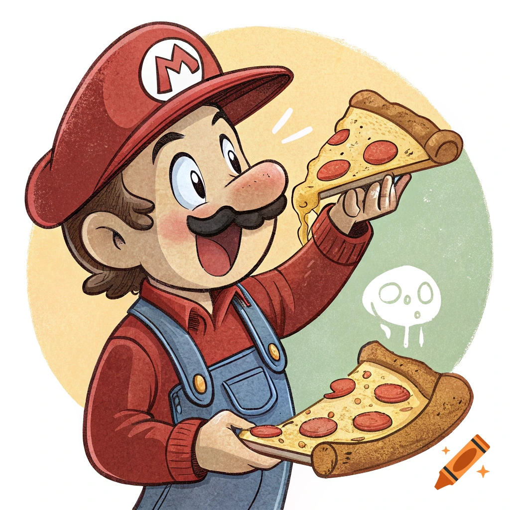 Cartoon illustration of Mario happily holding and eating slices of pepperoni pizza.